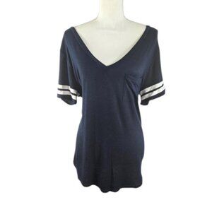 Sheila Rose Navy Striped Sleeve Tee Asymmetrical Hem Pocket Top